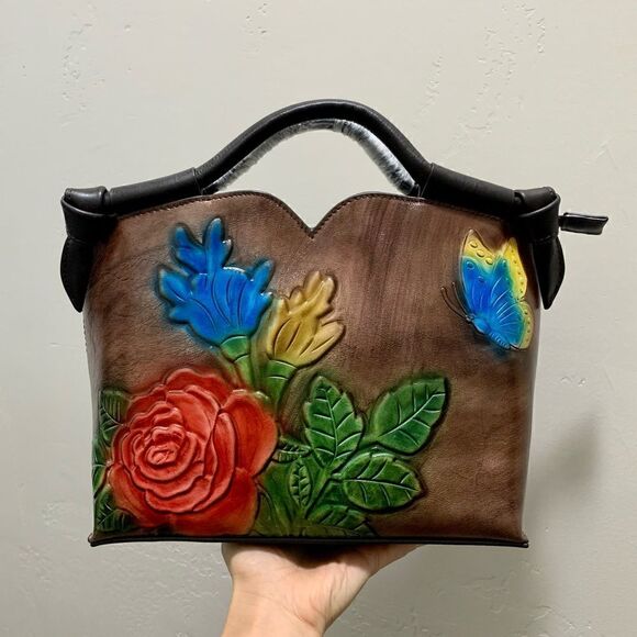 Genuine Distressed Leather Relief Floral & Butterfly Embossed Satchel/Crossbody - Picture 1 of 16